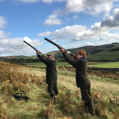 Simulated driven game shooting at Elliott Clays — two guns on driven birds, Birkhill Castle Estate, Fife