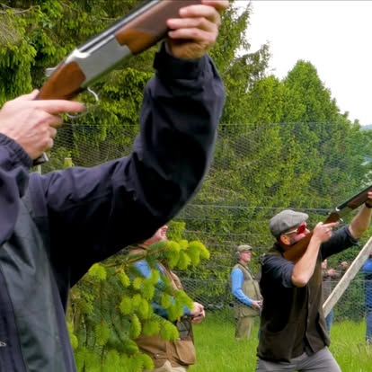 Clay pigeon shooting in the woodland at Elliott Clays, Birkhill Castle Estate
