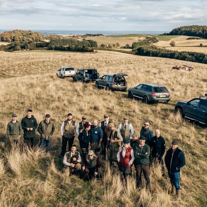 Aerial view of a shooting day at Elliott Clays, Birkhill Castle Estate, Fife Scotland