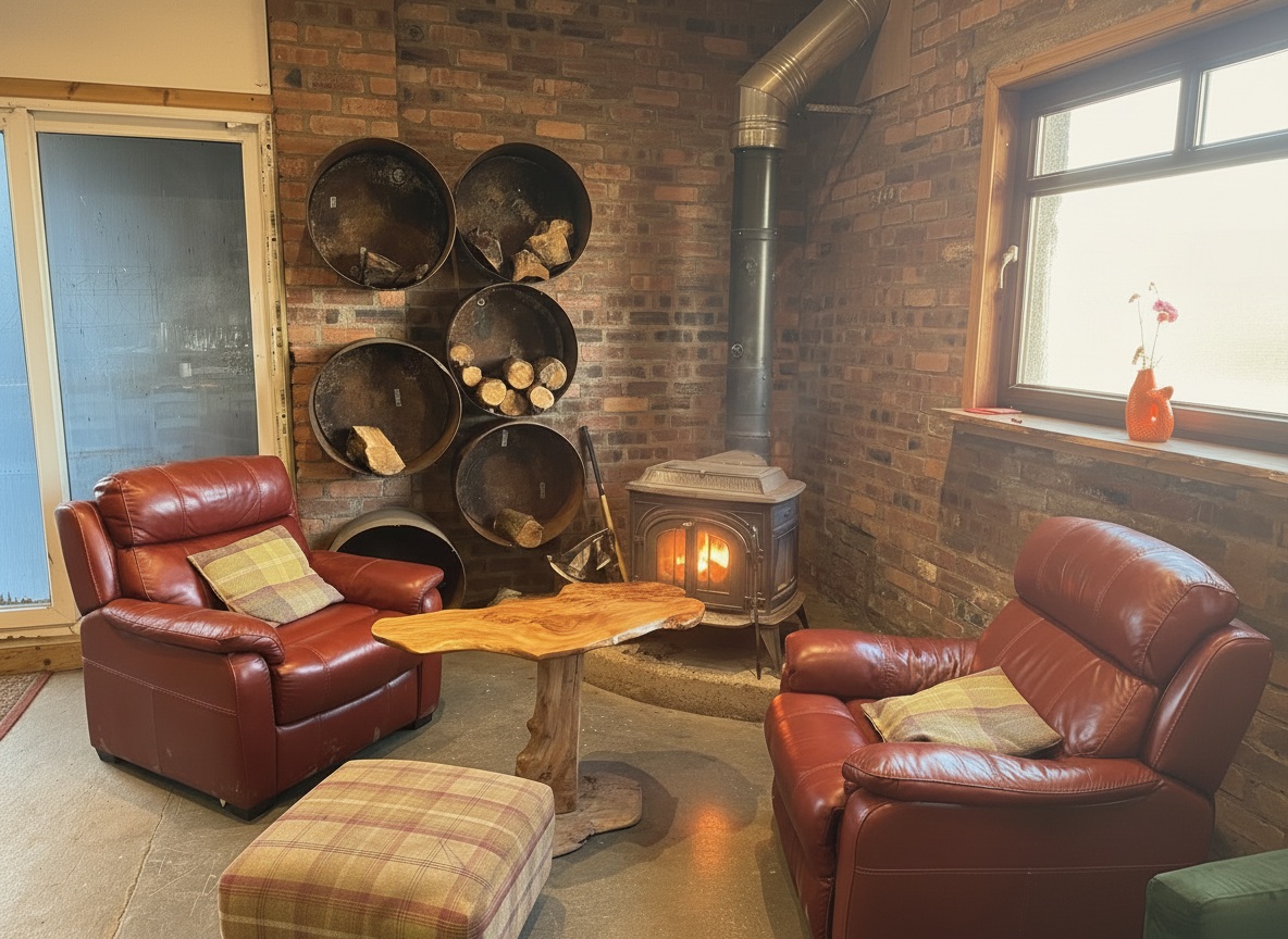 The sitting room at Elliott Clays — leather armchairs and wood burner