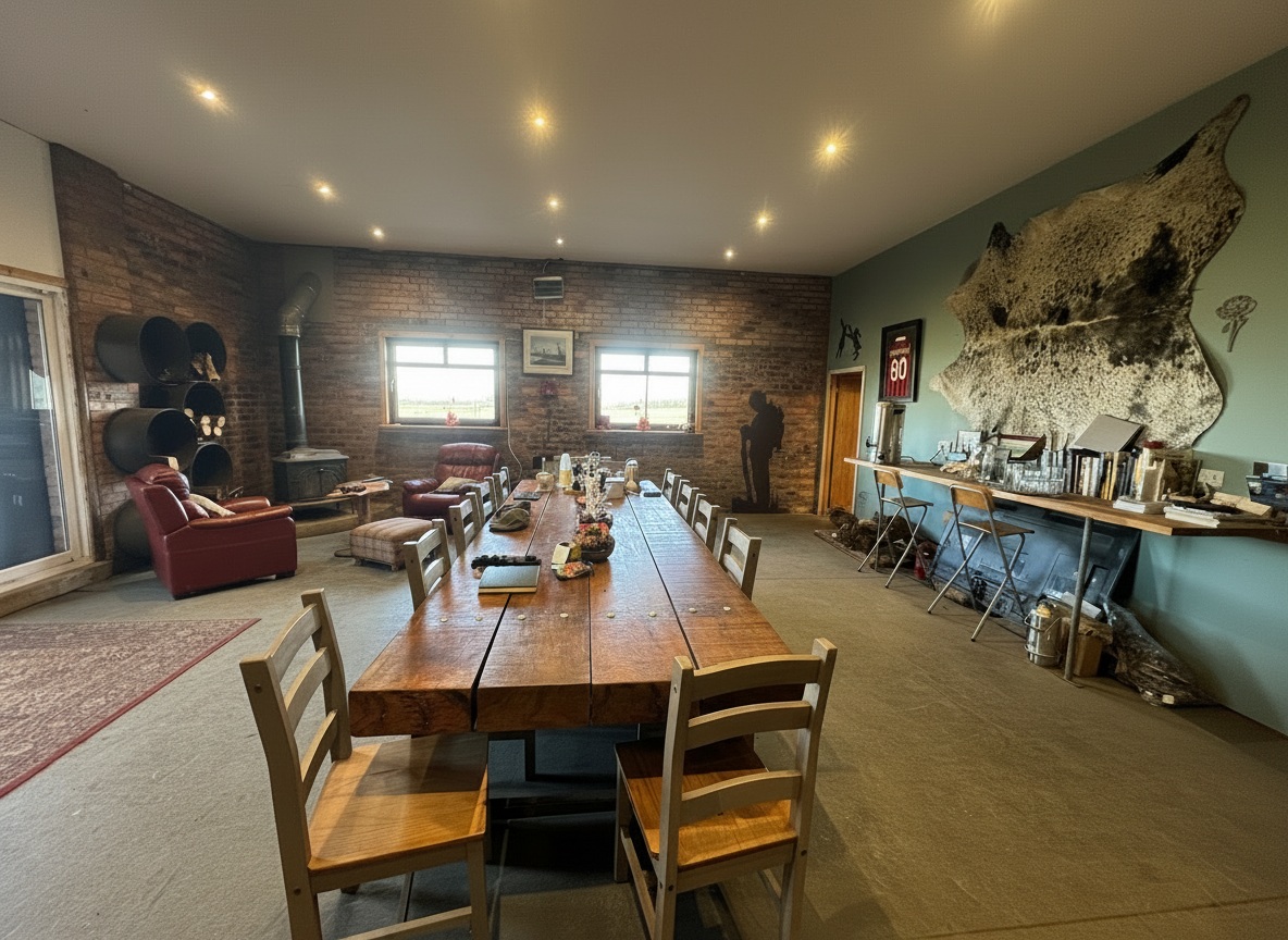 The lodge dining room at Elliott Clays — long table set for a shooting party