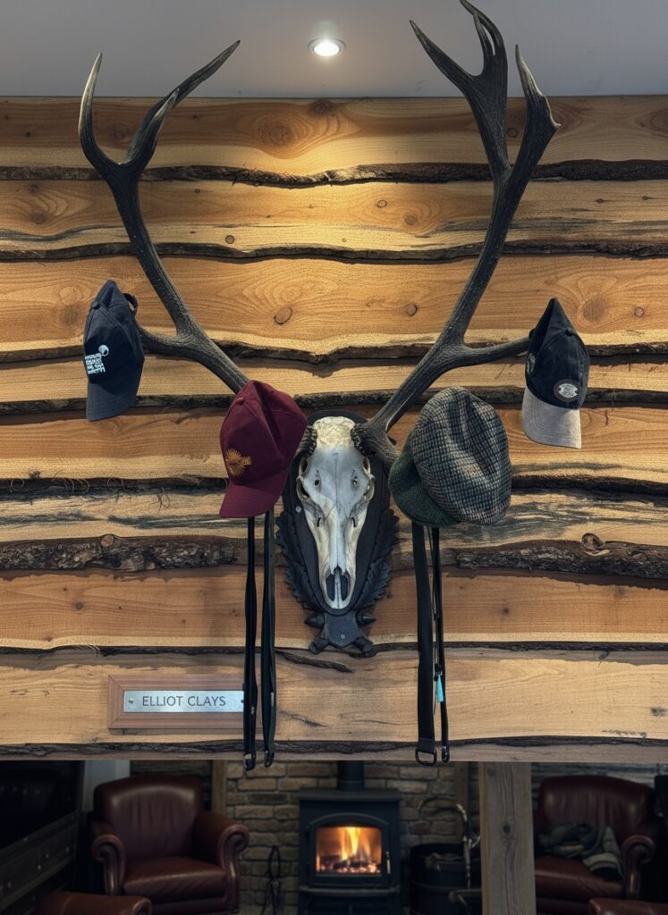 Elliott Clays sign — stag skull and antlers above the fire, Birkhill Castle lodge